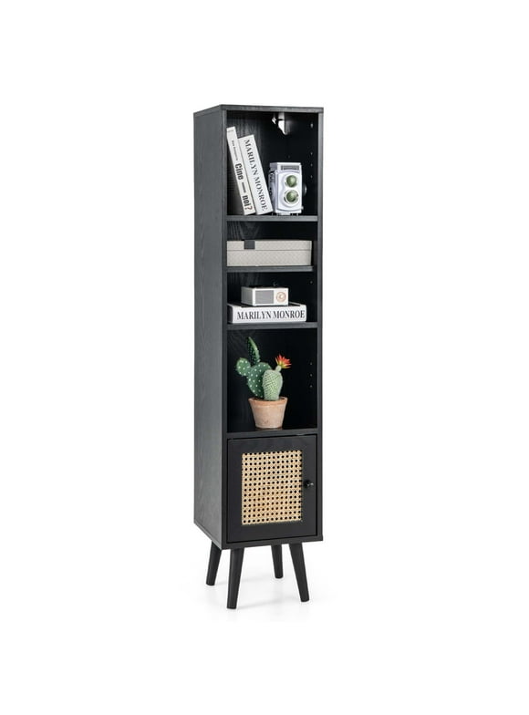 Costway Rattan Storage Cabinet Freestanding Slim Organizer Wood Display Rack Living Room Black