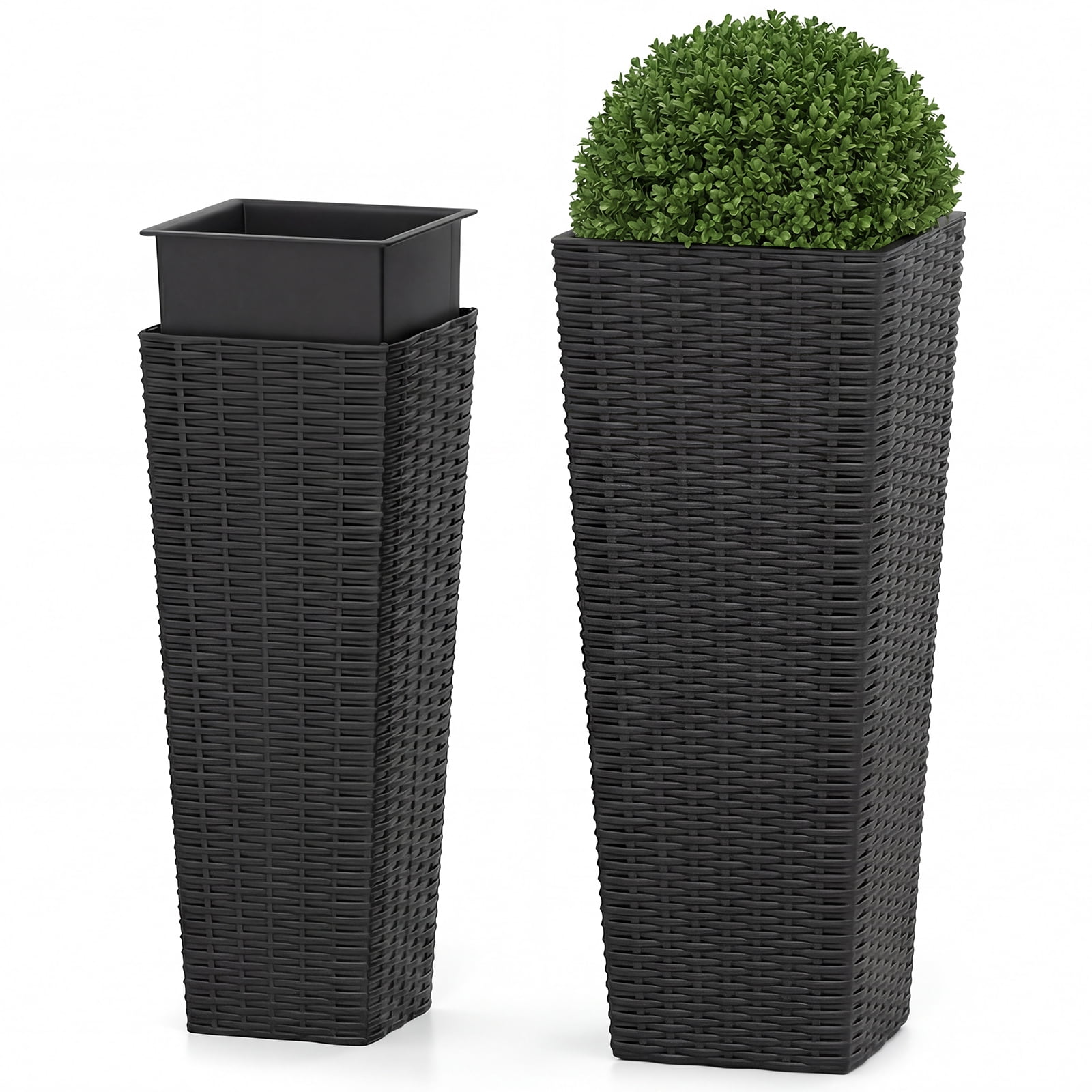 Costway Rattan Tall Planter Set of 2 with Removable Inner Trays, Drainage Holes for Garden Black