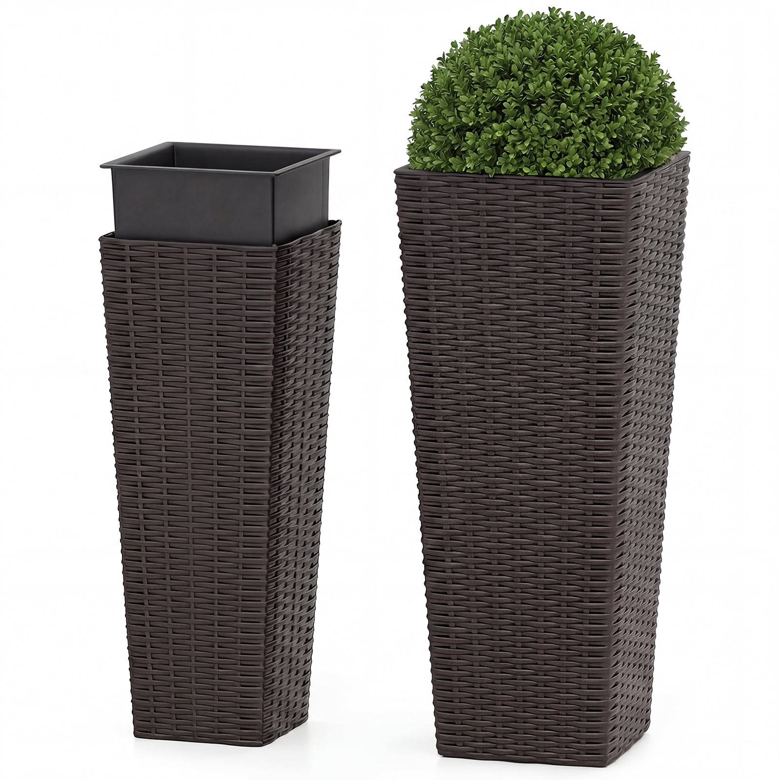 Costway Rattan Tall Planter Set of 2 with Removable Inner Trays, Drainage Holes for Garden Coffee