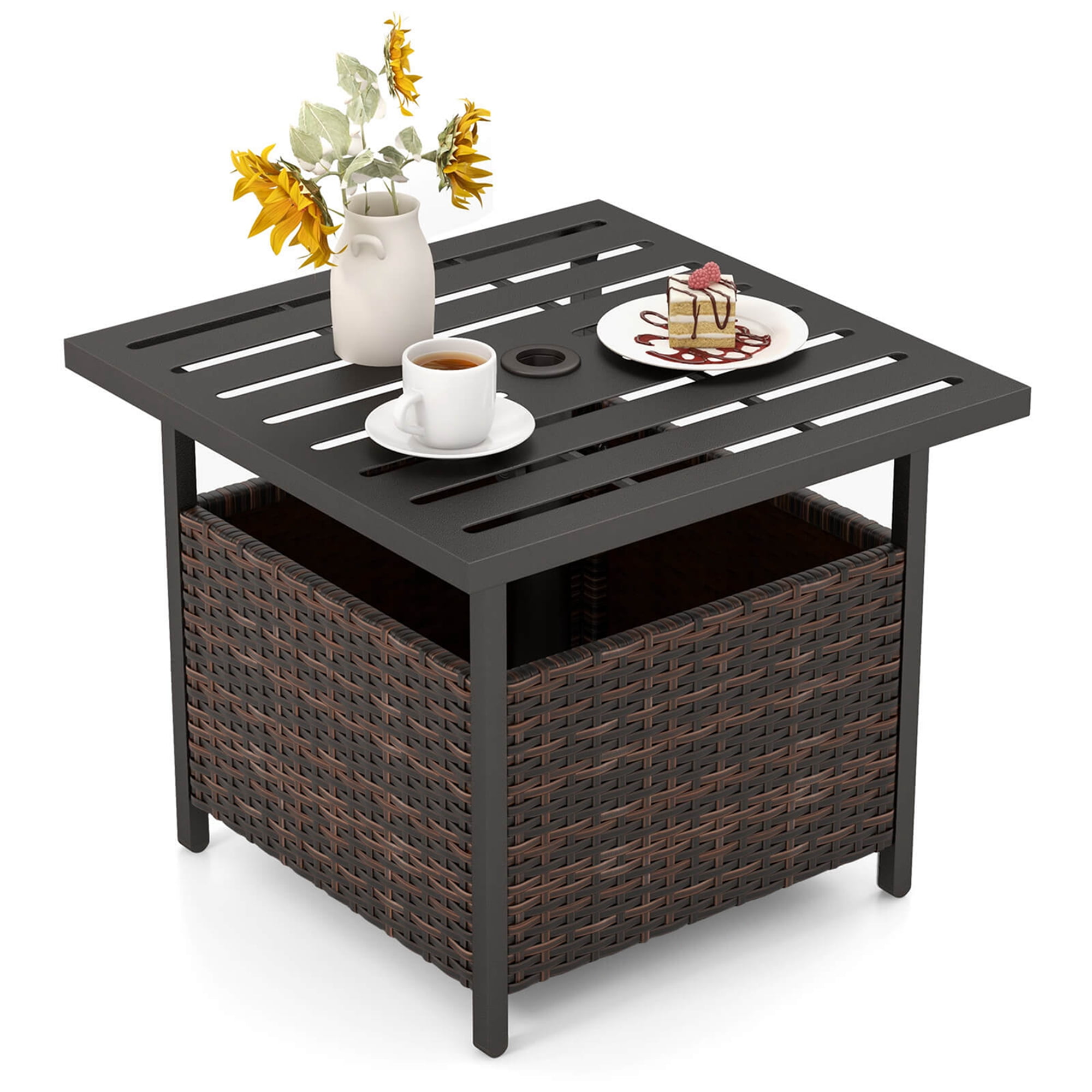 Costway Brown Rattan Wicker Steel Side Table with Umbrella Costway Brown Rattan Wicker Steel Side Table with Umbrella