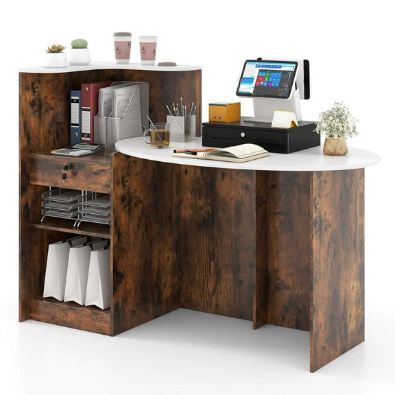 Costway Reception Desk with Lockable Drawer & Adjustable Shelf Oval Tabletop for Store White