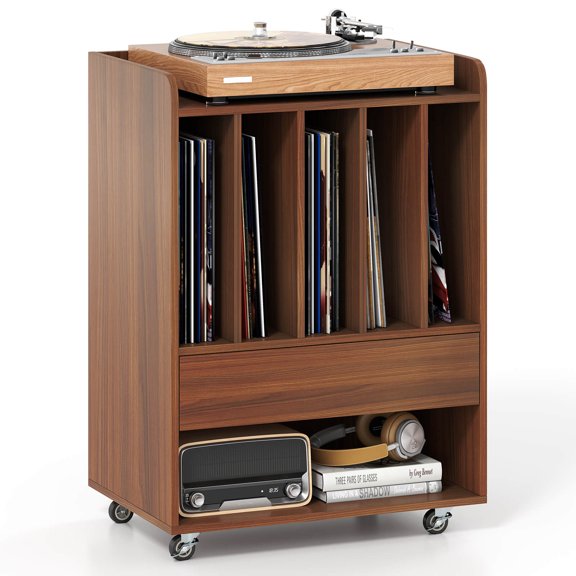 Costway Record Player Stand with Drawer & Record Holder,Lockable Wheels for Living Room Walnut