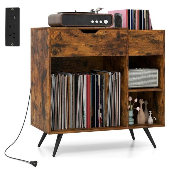 Costway Record Player Stand with Power Outlet, Drawer, Removable Divider Industrial Turntable Display Stand