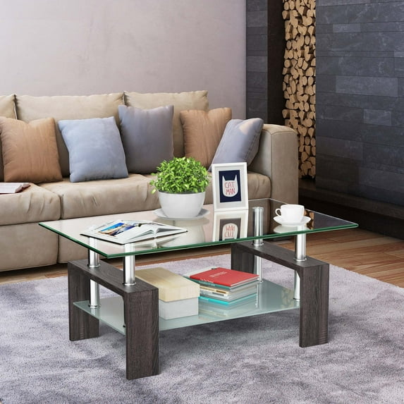 Costway Rectangle Glass Coffee Table End Side Table for Living Room Black