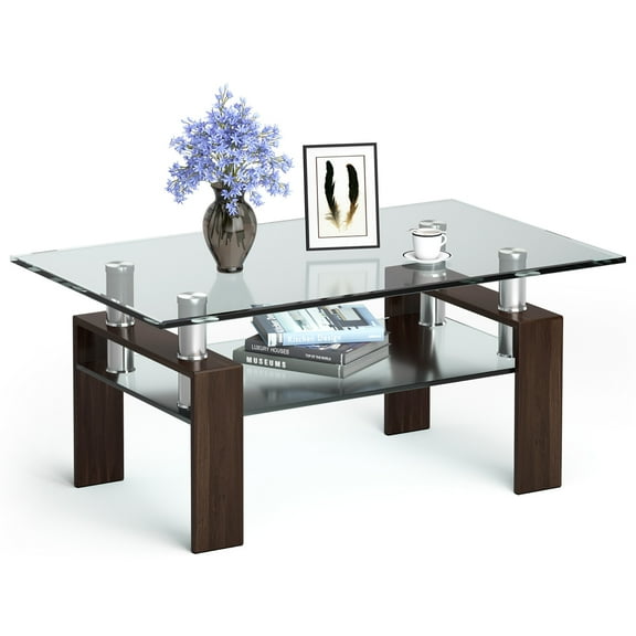 Costway Rectangle Glass Coffee Table Metal Legs End Table Livingroom Coffee