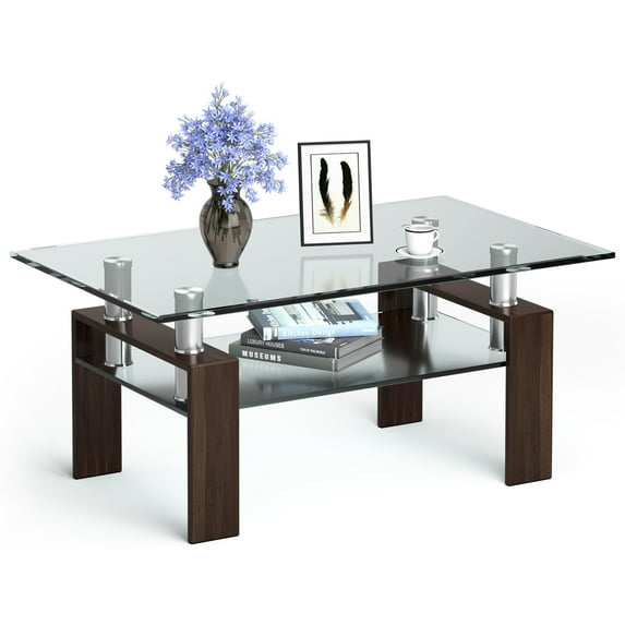 Costway Rectangle Glass Coffee Table Metal Legs End Table Livingroom Coffee