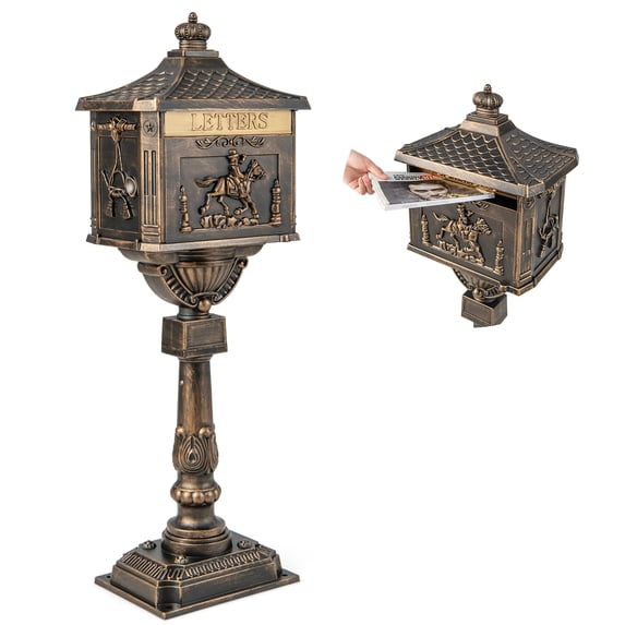 Costway Retro Cast Aluminum Mailbox Lockable Security Postal Letter Box with Baffle Door Bronze