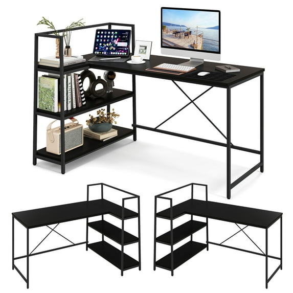 Costway Reversible L Shaped Computer Desk Corner Workstation with 3-Tier Open Shelf Black