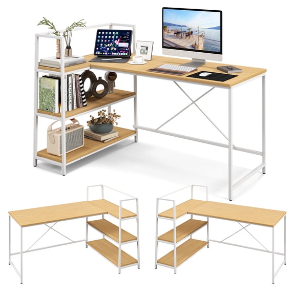 Costway Reversible L Shaped Computer Desk Corner Workstation with 3-Tier Open Shelf Natural