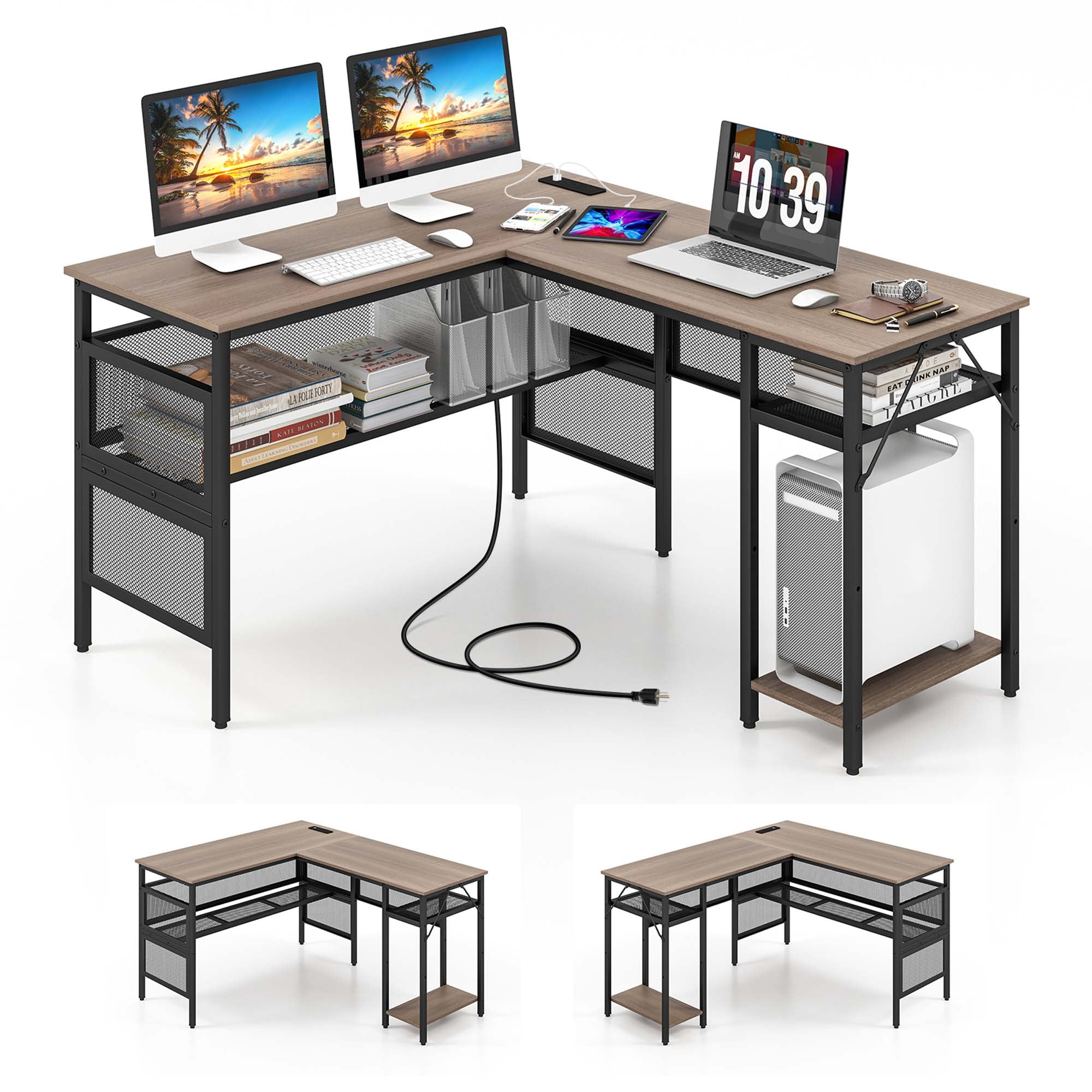 Costway Reversible LShaped Computer Desk with Charging Station