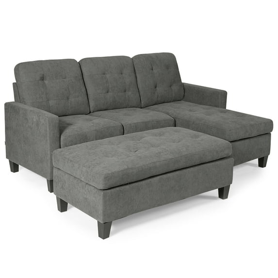 Costway Reversible Sectional Sofa Couch L-shaped Linen Sleeper w/Ottoman Grey