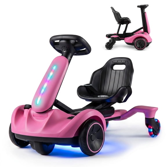 Costway Ride on Drift Car for Kids, 2-In-1 Go Kart with Adjustable Seat, Sound, LED Lights Pink