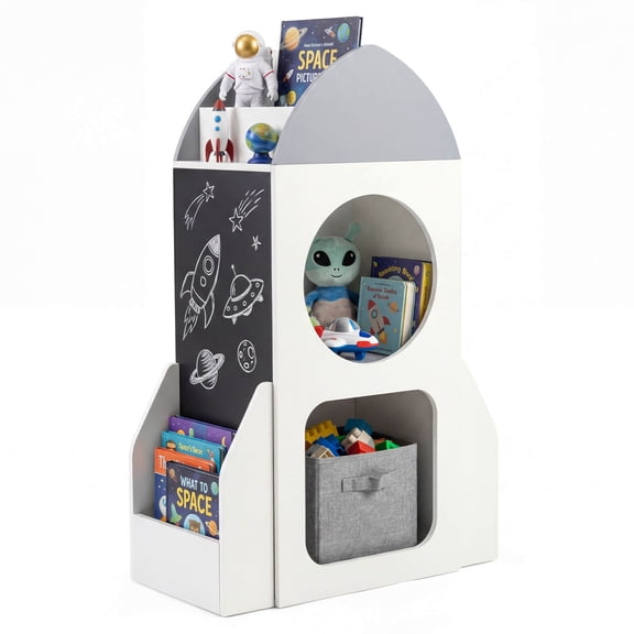 Costway Rocket Space Theme Toddler Toy Storage Organizer with Chalkboard and 2 Cubbies