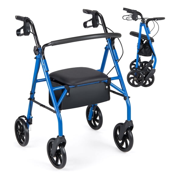 Costway Rollator Walker with Seat, Height Adjustable Handles, Storage Basket for Seniors Blue