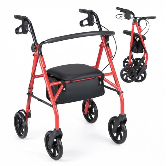 Costway Rollator Walker with Seat, Height Adjustable Handles, Storage Basket for Seniors Red