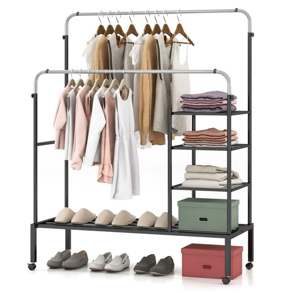 Costway Rolling Clothes Drying Rack Double Rods Garment Rack with Height Adjustables Silver