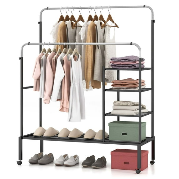 Costway Rolling Clothes Drying Rack Double Rods Garment Rack with Height Adjustables Silver