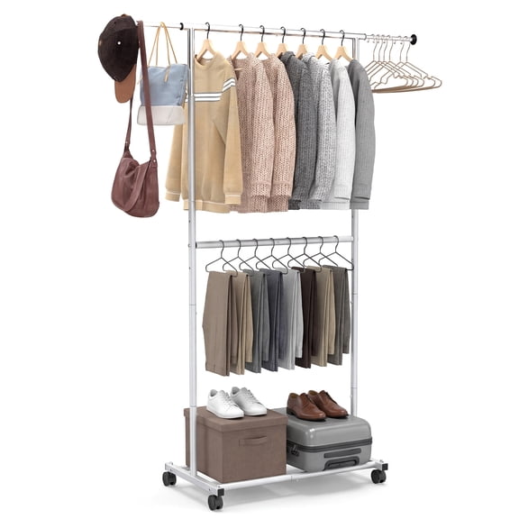 Costway Rolling Clothes Rack, Double-Rod Extendable Garment Stand for Hanging Clothes