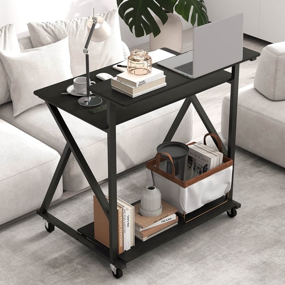 Costway Rolling Computer Desk, 32” Laptop Desk with Charging Station & Monitor Shelf Black