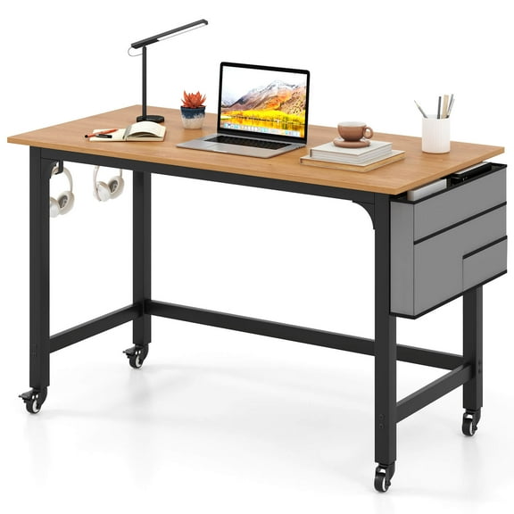 Costway Rolling Computer Desk Metal Frame PC Laptop Table Wood Top Study Workstation