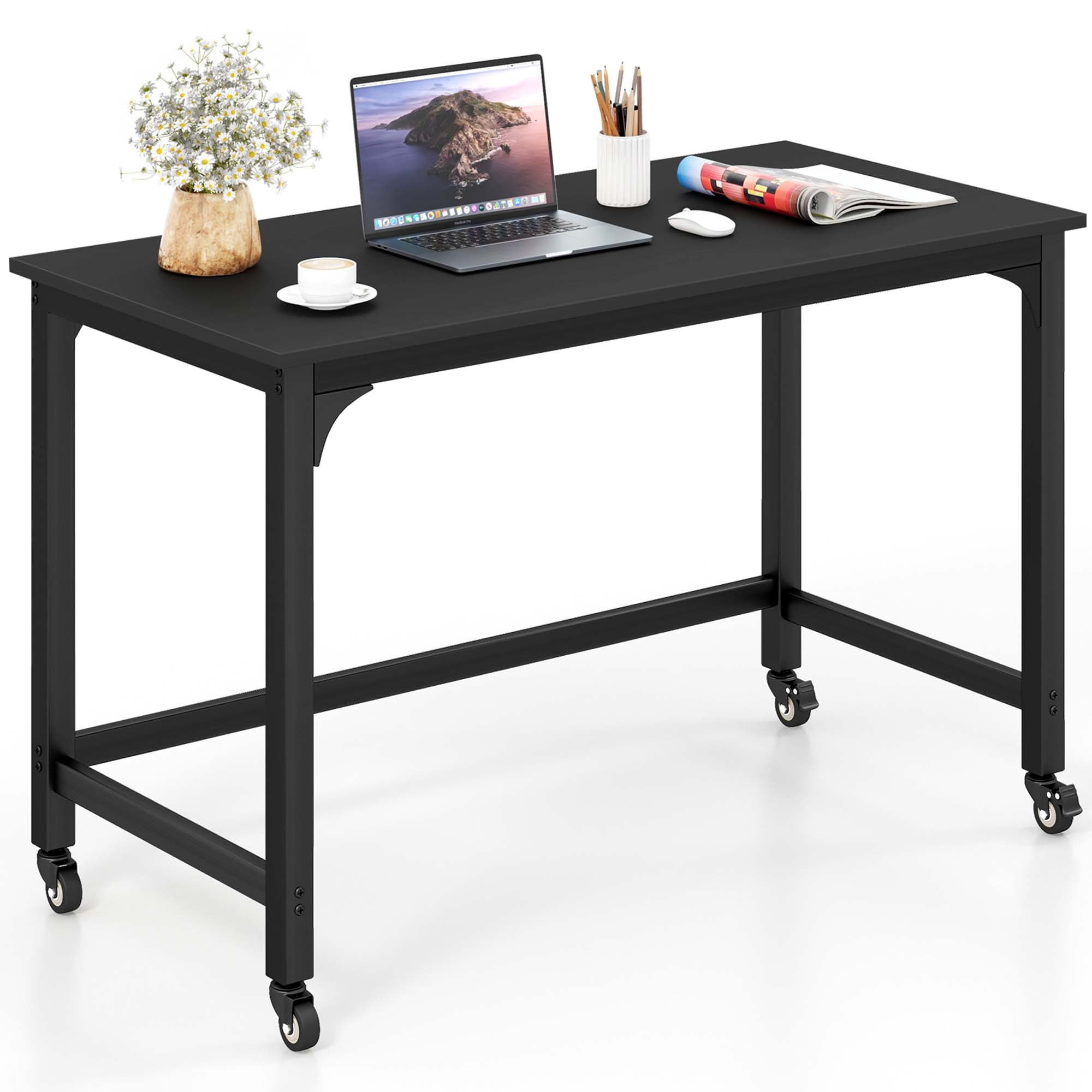 Costway Rolling Computer Desk Wood Top Metal Frame Laptop Table