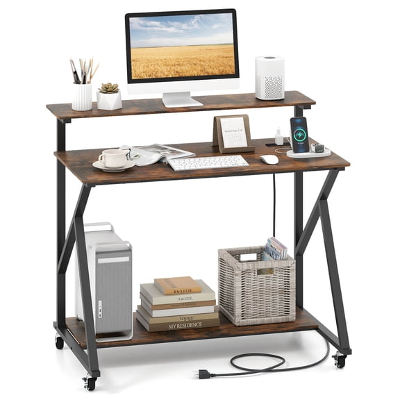 Costway Rolling Computer Desk with Charging Station Monitor Stand Storage Shelf for Writing Rustic Brown