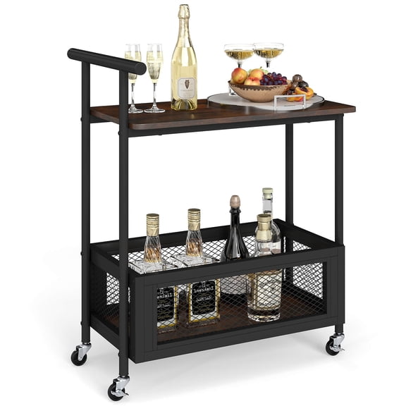 Costway Rolling End Table with Lockable Wheels Handle 2 Storage Shelves Industrial Bar Cart Black + Rustic Brown