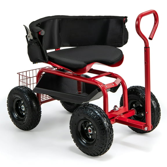 Costway Rolling Garden Cart Height Adjustable Scooter with Swivel Seat & Tool Storage Red