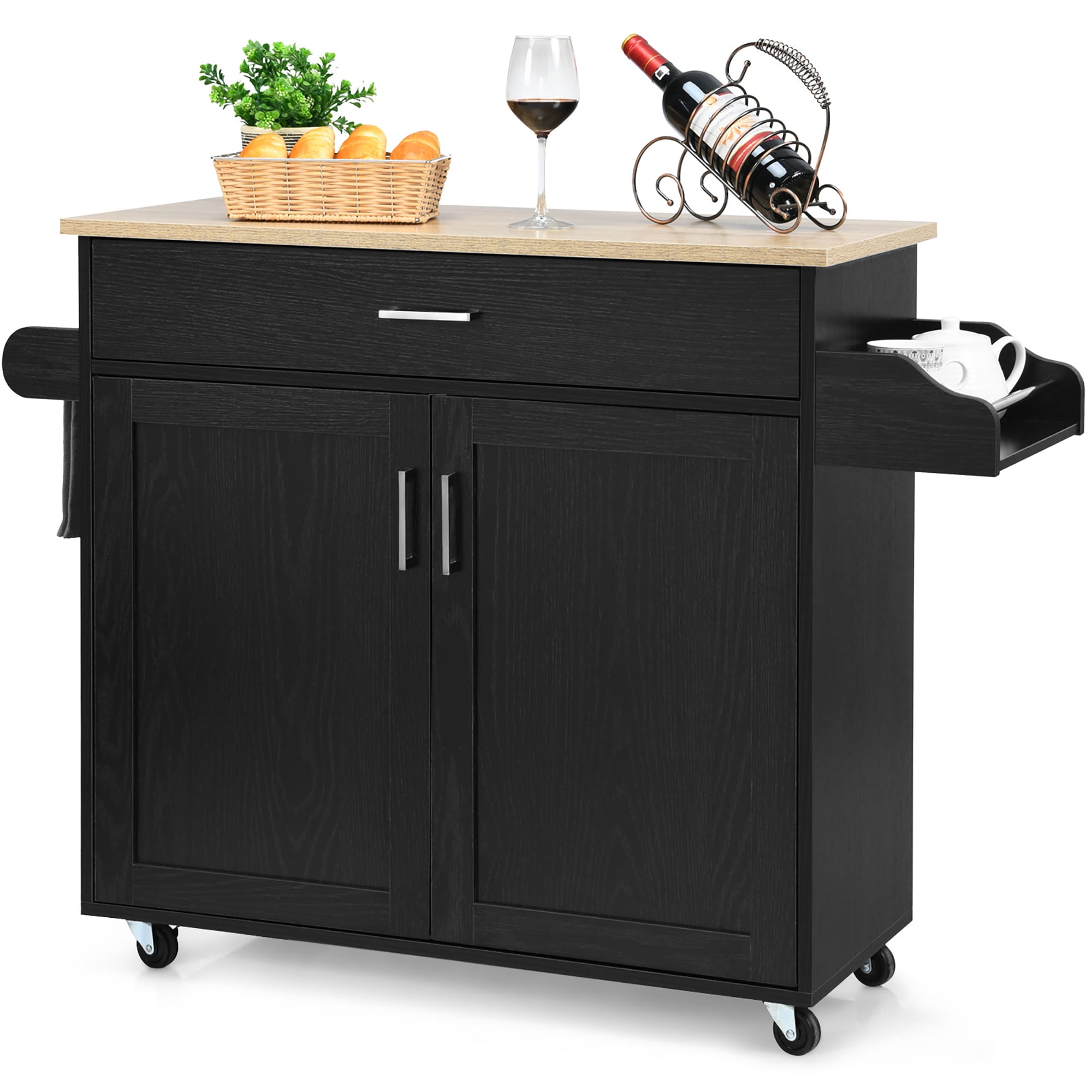 Black MDF Rolling Kitchen Cart with Spice Rack and Storage
