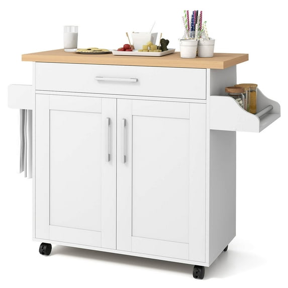 Costway Rolling Kitchen Island Cart Storage Cabinet w/ Towel & Spice Rack White