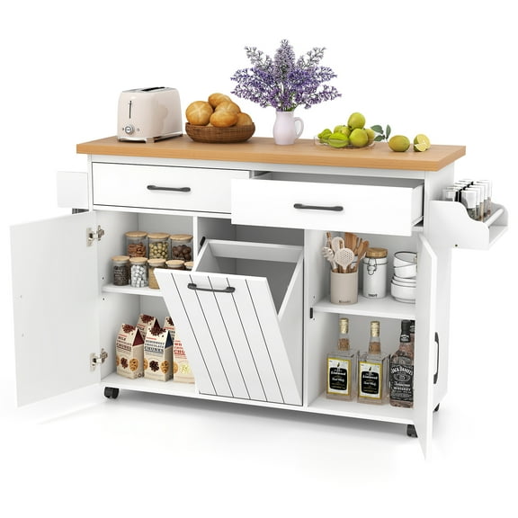 Costway Rolling Kitchen Island Kitchen Cart with Tilt-out Trash Cabinet Island Table White