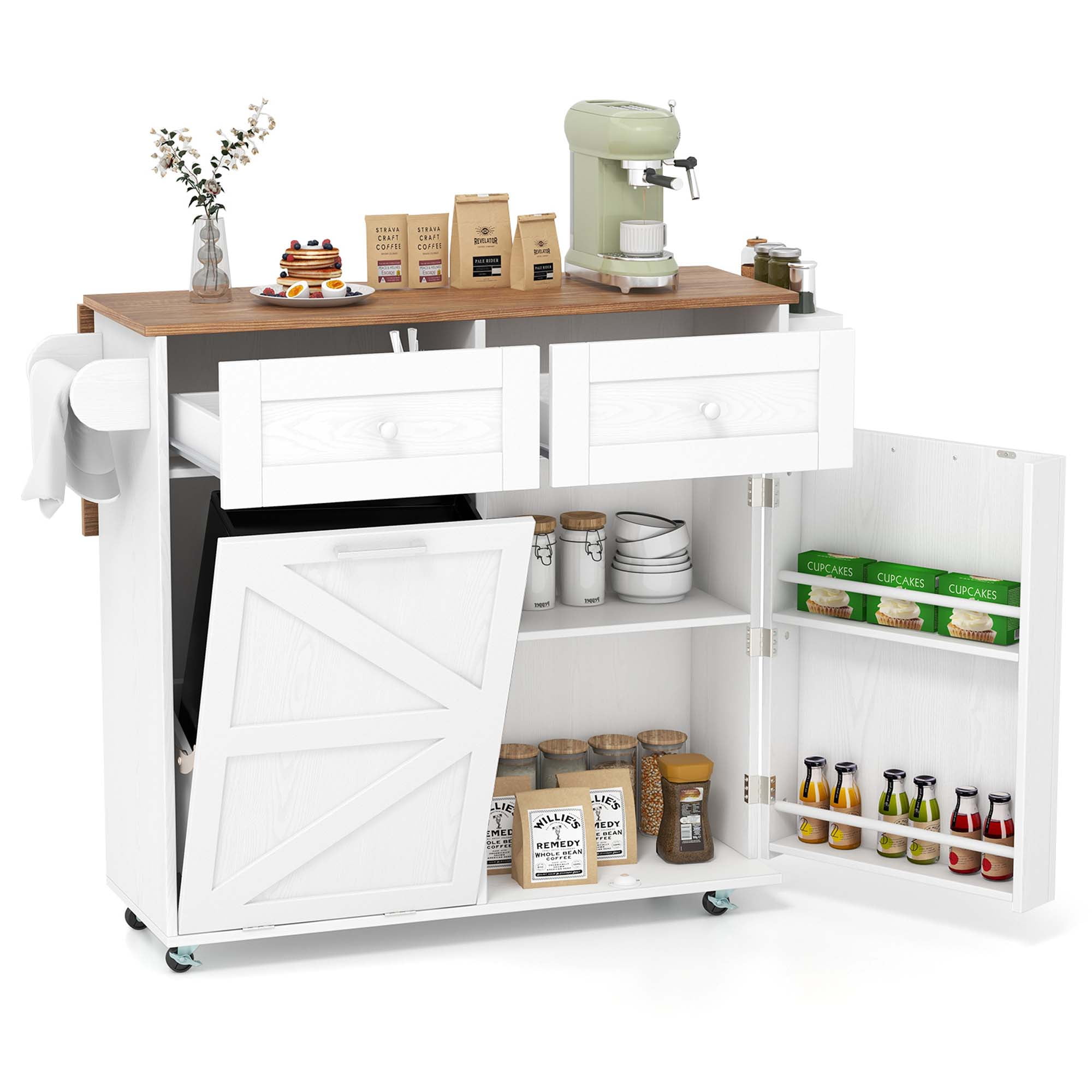 Costway Rolling Kitchen Island Kitchen Island Cart with Drop Leaf Trash Can Cabinet White