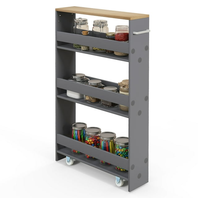 Costway 3Tier Portable Kitchen Storage Cart with Wheels, Narrow Utility Shelf Organizer for