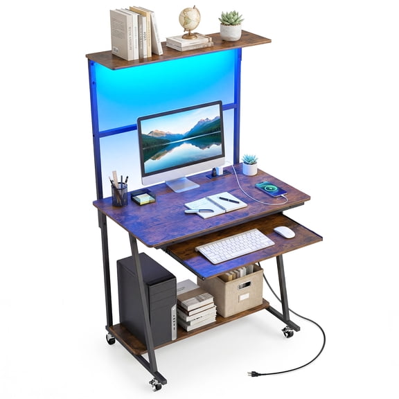 Costway Rolling Office Desk with Charging Station Lights Hutch Keyboard Tray Bottom Shelf