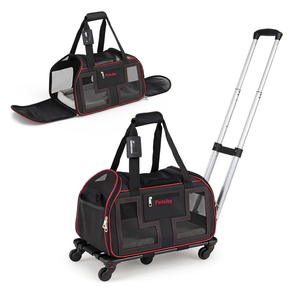 Costway Rolling Pet Carrier with Wheels Padded Carry Handle Telescopic Handle Safety Leash Black + Red