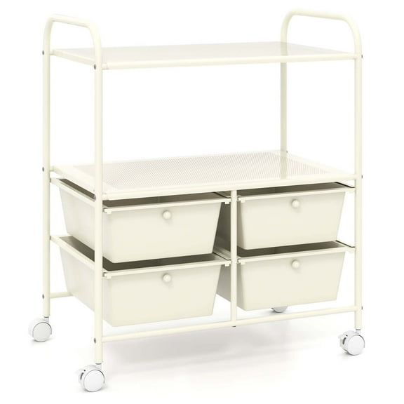 Costway Rolling Storage Cart with 4 Drawers & 2 Shelves Multipurpose Plastic Trolley on Wheels White
