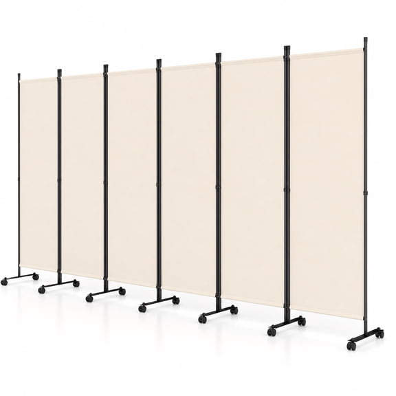 Costway Room Divider, 6-Panel Folding Privacy Screen with Lockable Rolling Wheels for Home Beige