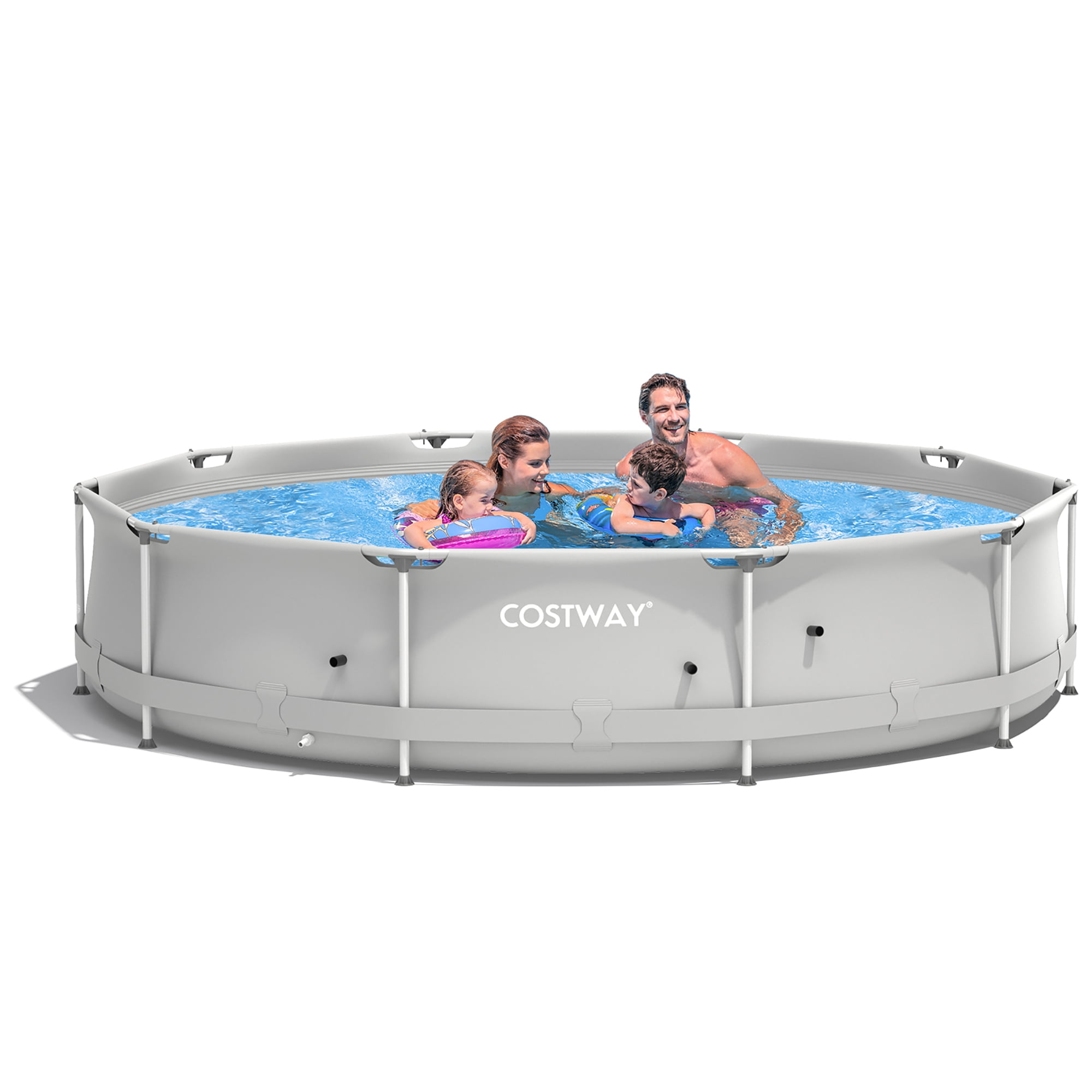 Costway Round Above Ground Swimming Pool Patio Frame Pool W/ Pool 