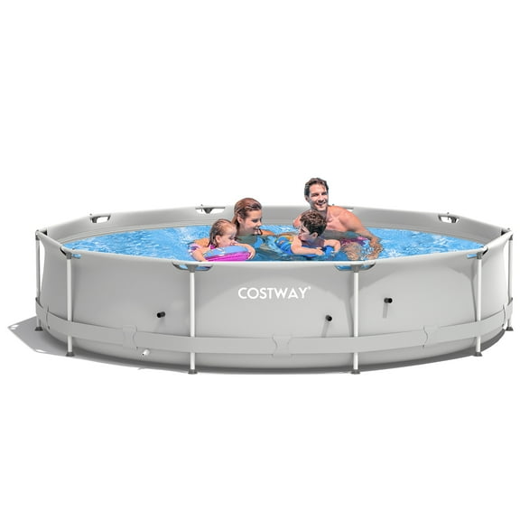 Costway Round Above Ground Swimming Pool Patio Frame Pool W/ Pool Cover Iron Frame Grey