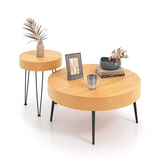 Costway Round Coffee Table Set of 2 End Table Natural Finish for Living Room Natural