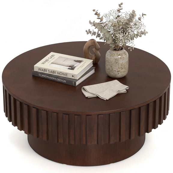 Costway Round Coffee Table with Storage, Wooden Drum Coffee Table with Hidden Compartment Walnut