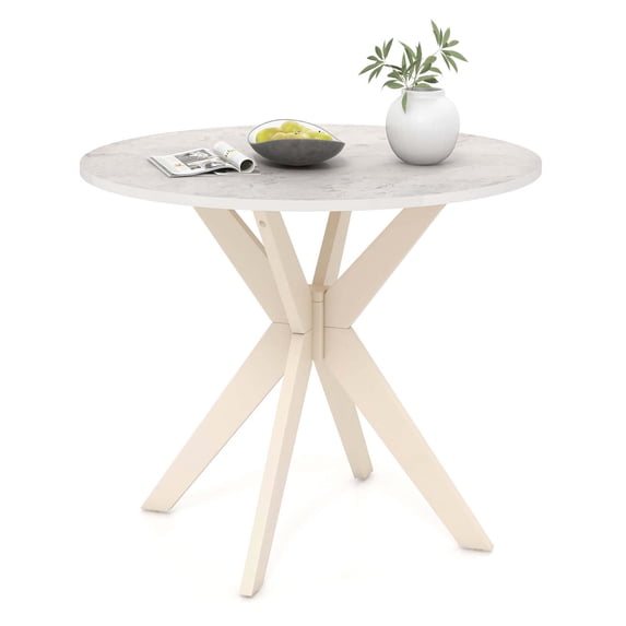 Costway Round Dining Table 36" Faux Marble Tabletop Rubber Wood Legs Kitchen White