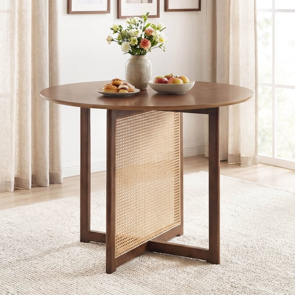 Costway Round Dining Table with Cross Pedestal Base, PE Rattan Decoration for Dining Room