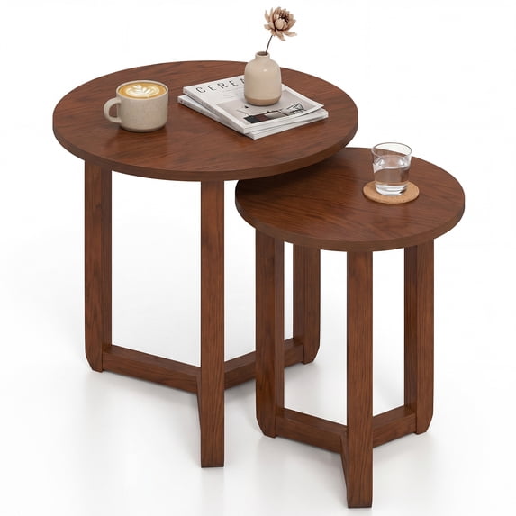Costway Round Nesting Coffee Table Set of 2 with Thickened Top & Solid Rubber Wood Legs Walnut