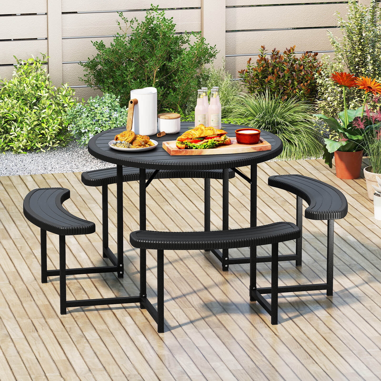 Costway Round Picnic Table Bench Set with 4 Benches Umbrella Hole All Weather Tabletop White