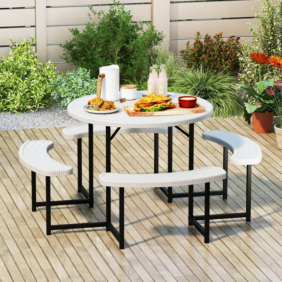 Costway Round Picnic Table Bench Set with 4 Benches Umbrella Hole All Weather Tabletop White