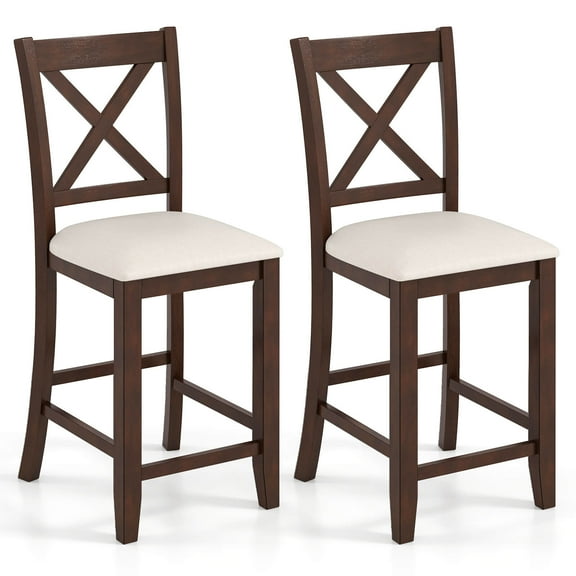 Costway Rubber Wooden Bar Stools Set of 2 with Footrest Comfortable Linen Cushion