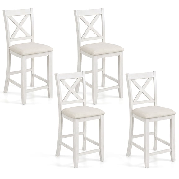 Costway Rubber Wooden Bar Stools Set of 4 with Footrest Comfortable Linen Cushion White