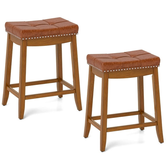 Costway Saddle Bar Stools Set of 2 with PU Leather Seat Solid Rubber Wood Frame Footrest