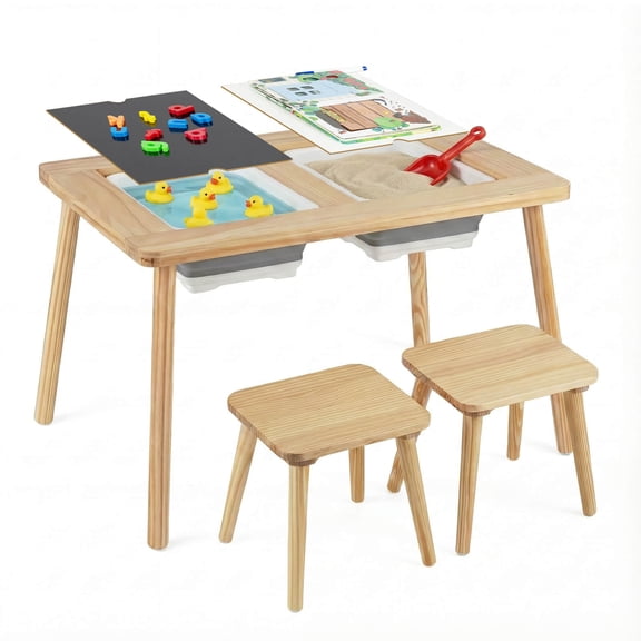 Costway Sensory Table Kids Table and Chairs Set with Detachable Double-Sided Tabletops Natural + White + Black